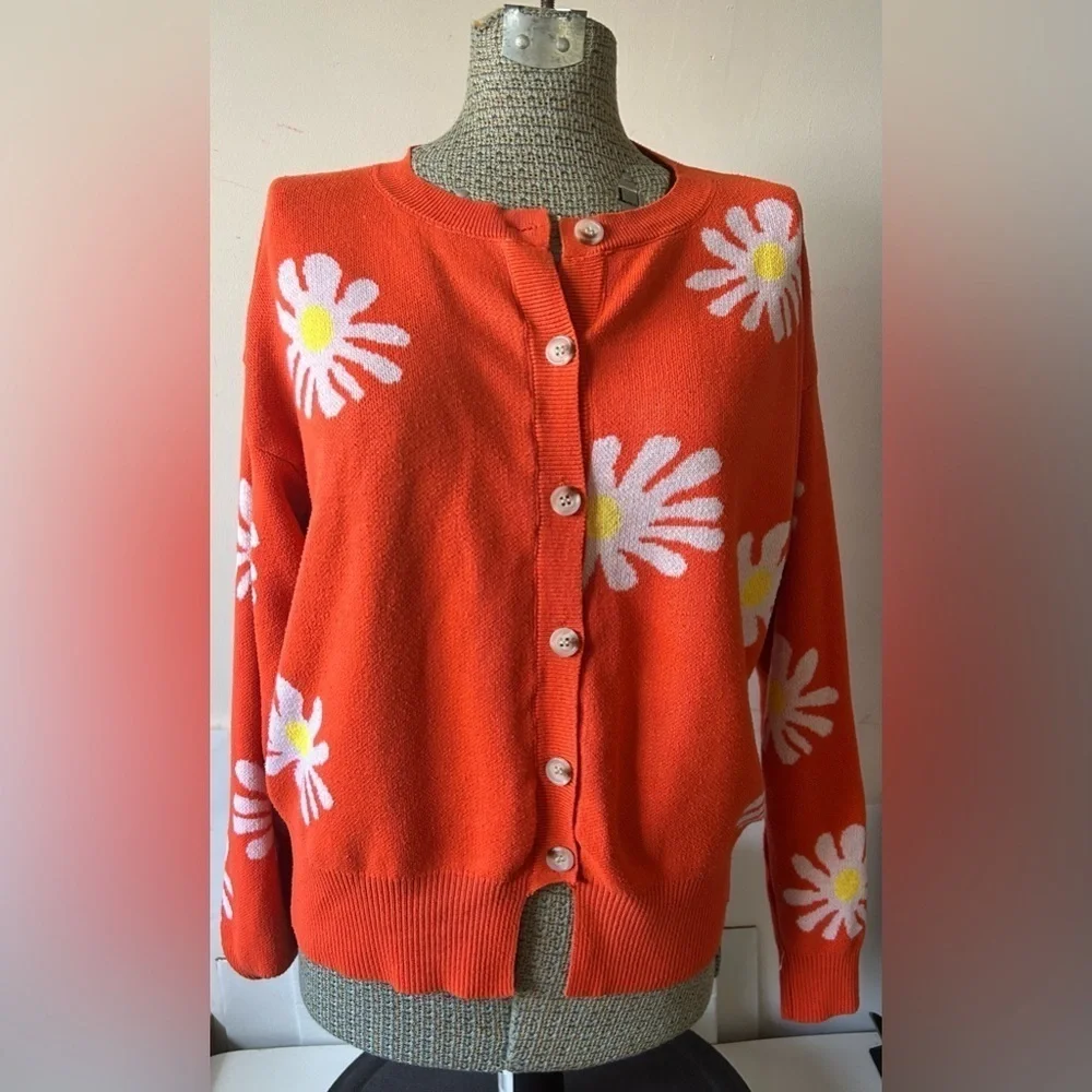ZOCAVIA Vintage Aesthetic Cable Knit Sweater Sz.M ORANGE/WHITE DAISY PRINT